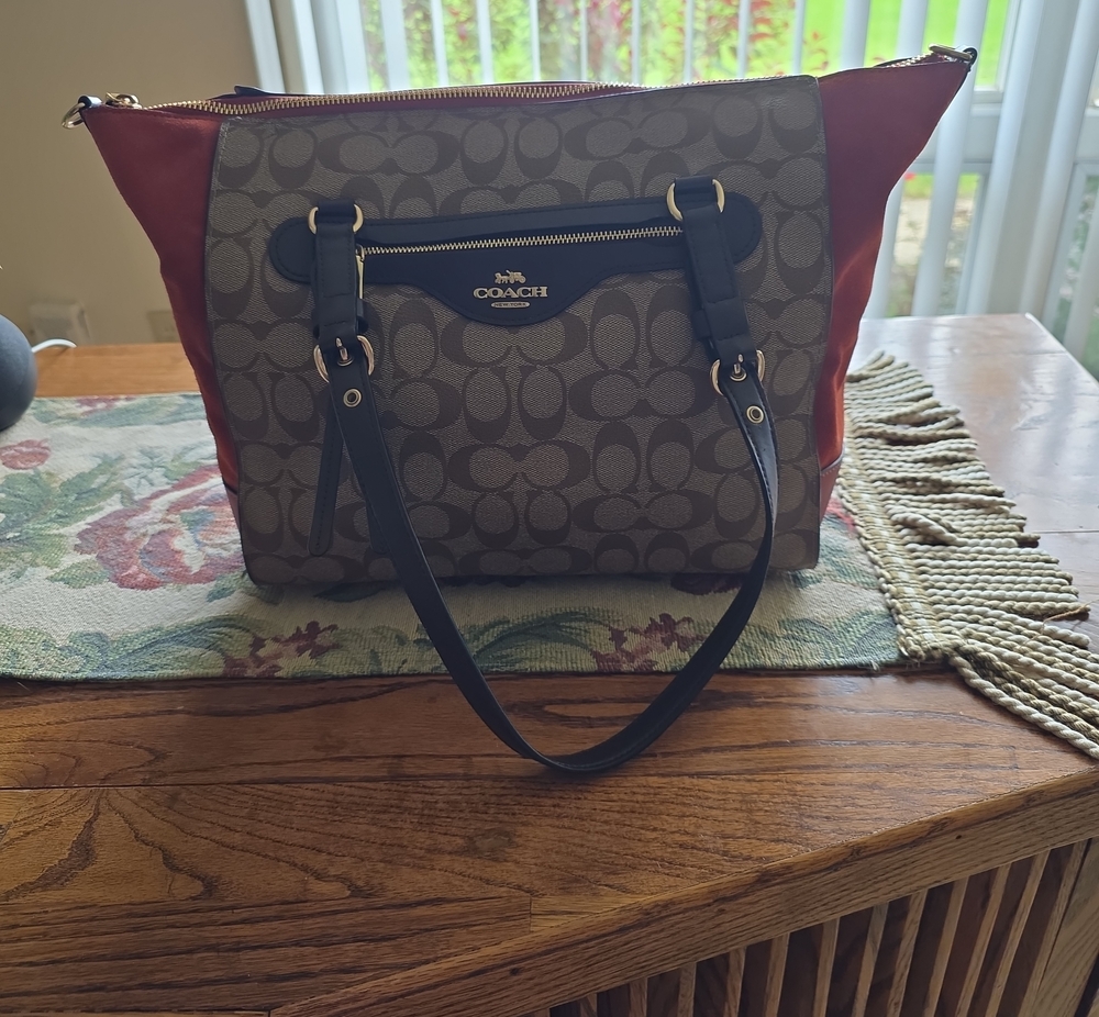Coach Brown Signature Canvas Tote with Red Side Panels and Black Straps